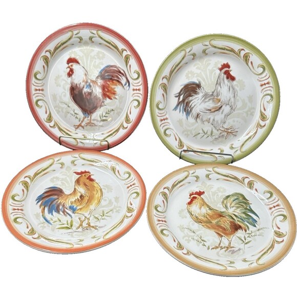 Pier 1 Imports Ironstone Rooster Dessert Salad Plates Set of 4 Colors Patterns - Picture 2 of 12